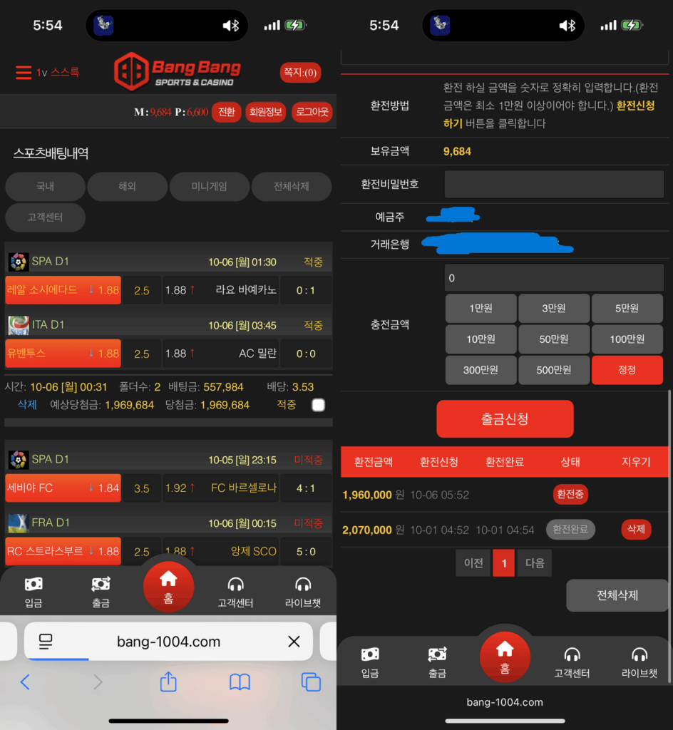 뱅뱅 먹튀 증거자료 - 배팅 내역