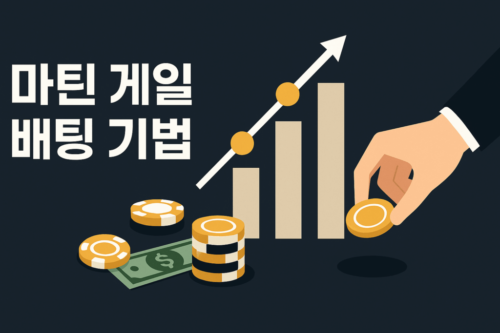 마틴 게일 배팅 기법 인포그래픽 – 배팅 금액 상승 그래프와 칩, 손 이미지로 표현된 마틴게일 전략