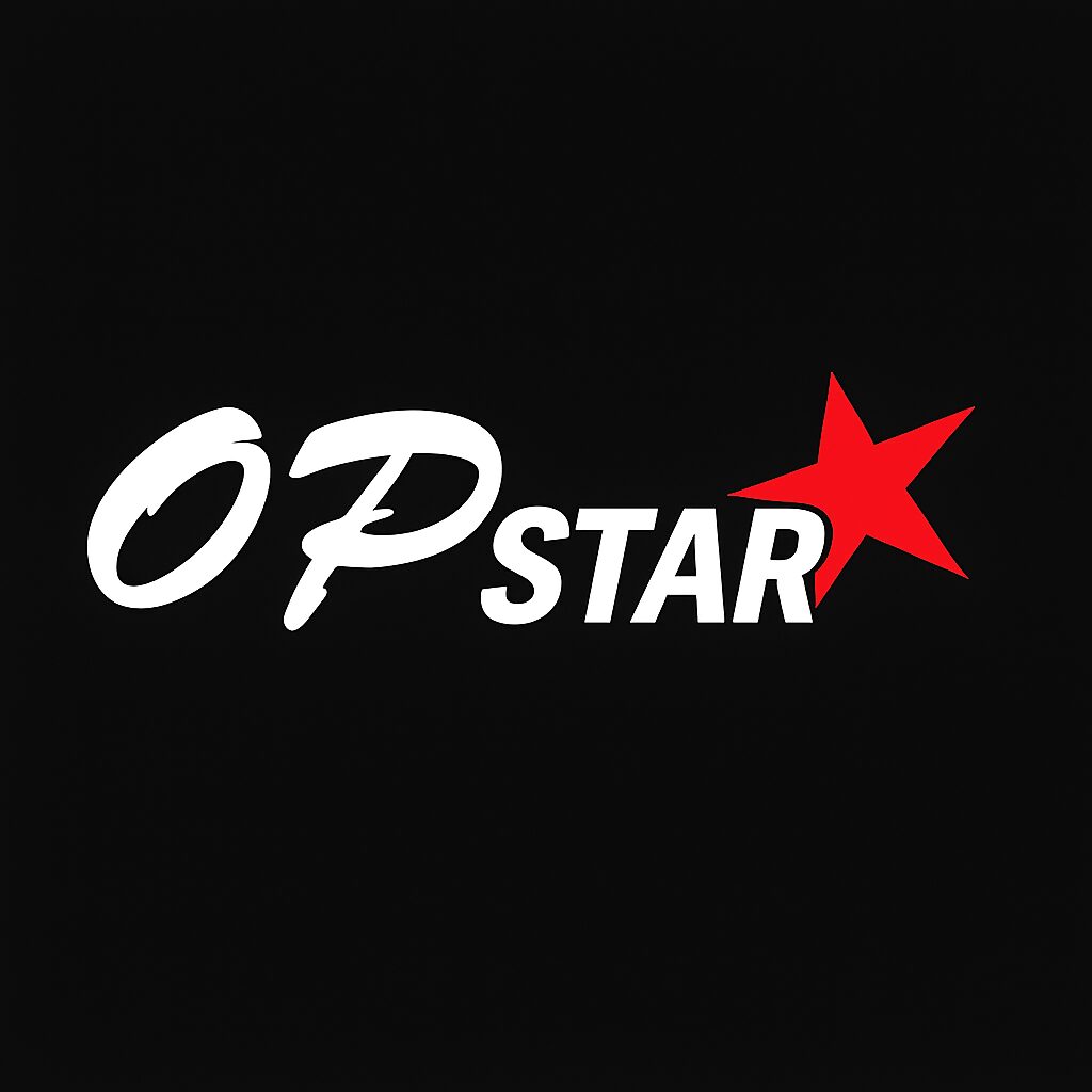 검정 배경 위에 흰색 OPSTAR 텍스트와 빨간 별 아이콘이 중앙에 배치된 로고 배너