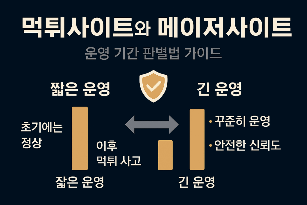 먹튀사이트와 메이저사이트의 운영기간 차이를 비교하며, 먹튀 검증을 통해 안전한 토토사이트를 판별하는 인포그래픽 이미지