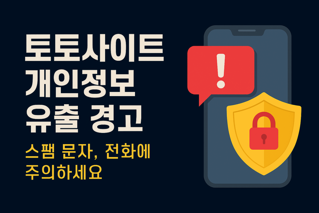 토토사이트 문자와 전화가 오는 이유를 설명하는 인포그래픽. 개인정보 유출과 스팸 문자 경고 표시가 포함된 스마트폰 이미지.