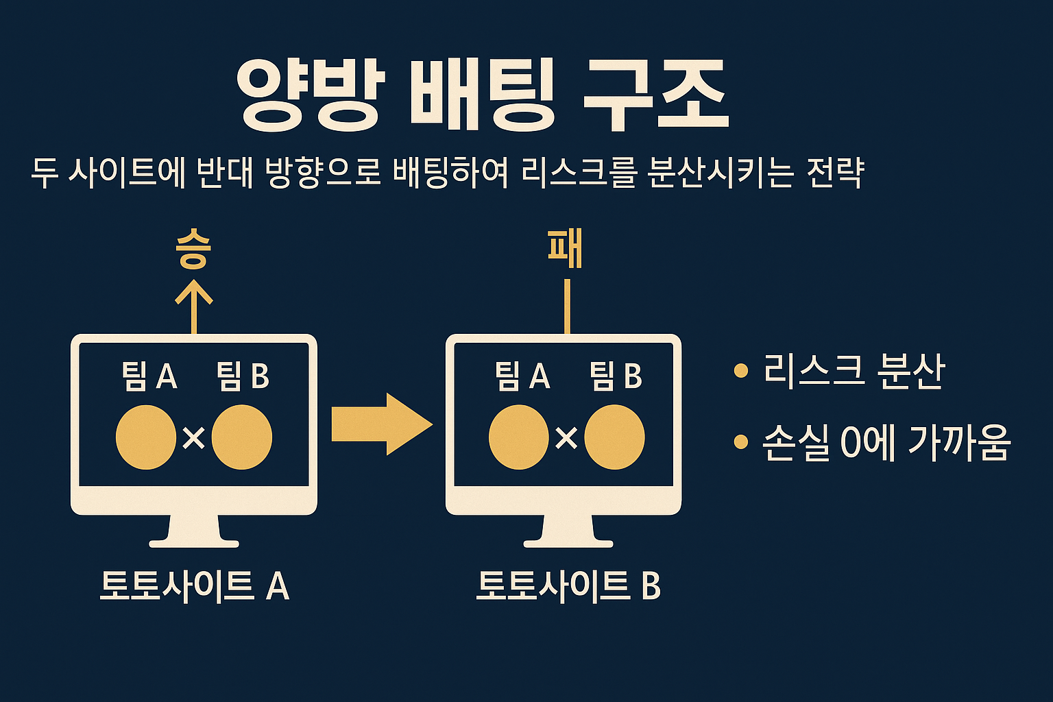 양방 배팅 구조 인포그래픽 – 두 토토사이트에 반대 방향으로 배팅하여 리스크를 분산시키는 전략을 시각적으로 설명하는 이미지