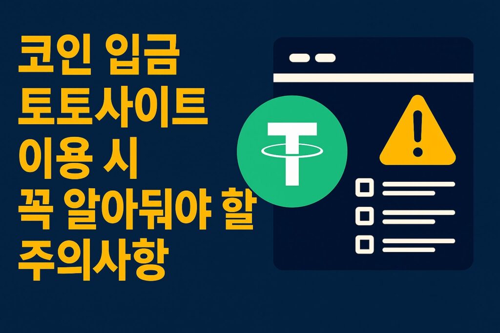 코인 입금 토토사이트 이용 시 꼭 알아둬야 할 주의사항 – 지갑 주소 확인, 시세 변동, 신생 사이트 주의 강조 이미지