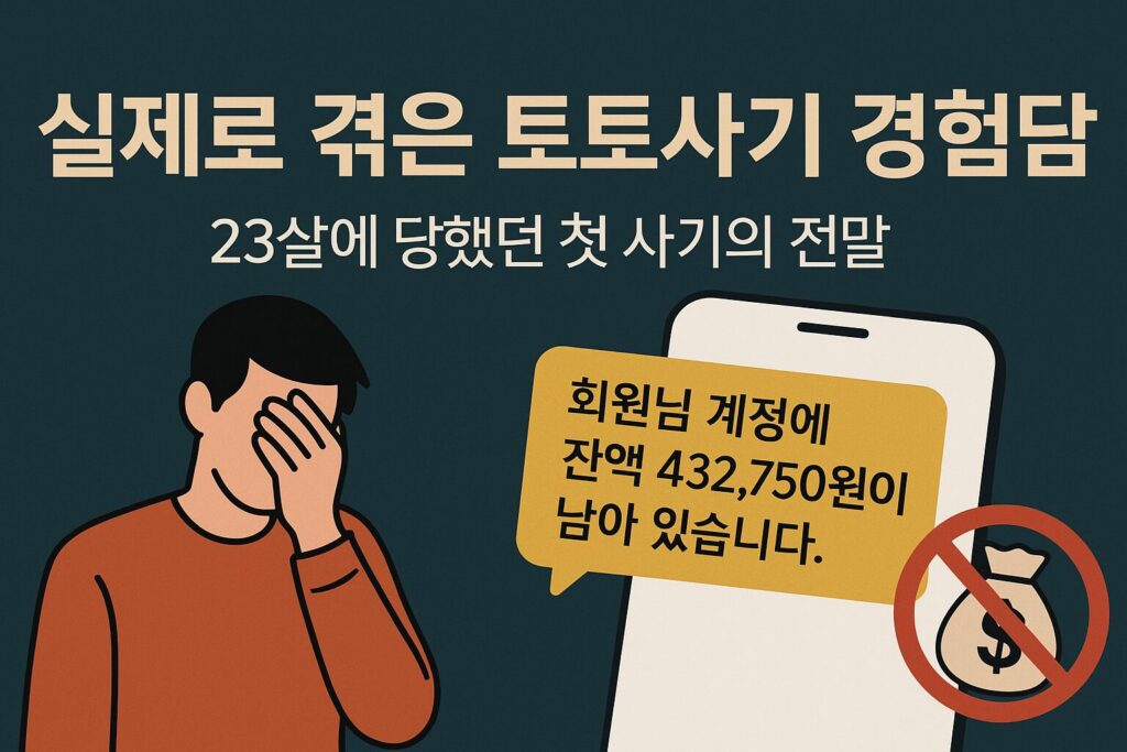 23살에 겪은 첫 토토사기 경험을 설명하는 이미지, 스마트폰에 나타난 사기 관련 문자와 당황한 남성의 모습