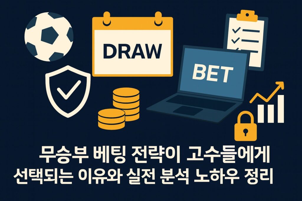 무승부 베팅 전략을 설명하는 아이콘 구성 이미지 — 축구공, DRAW 캘린더, 베팅 화면, 보안 체크, 상승 그래프가 포함된 대표이미지