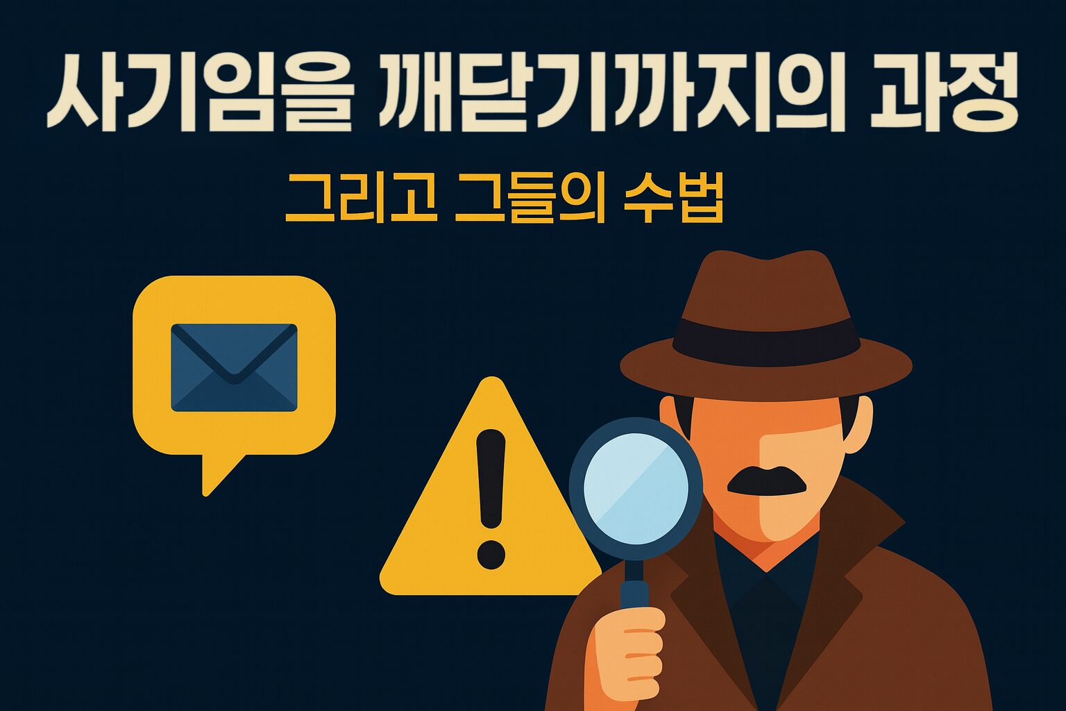 사기임을 깨닫기까지의 과정과 그들의 수법을 나타내는 이미지. 탐정이 확대경을 들고 조사하는 모습과 함께 경고 아이콘과 메시지가 포함되어 있음.