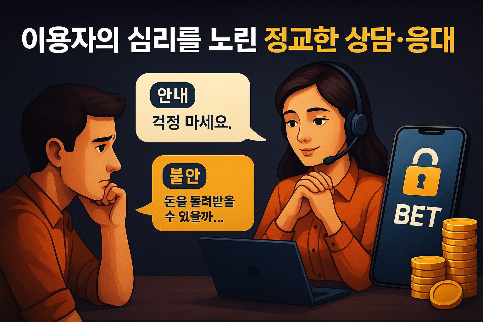 먹튀사이트가 이용자의 심리를 조종하기 위해 사용하는 정교한 상담·응대 패턴을 보여주는 이미지