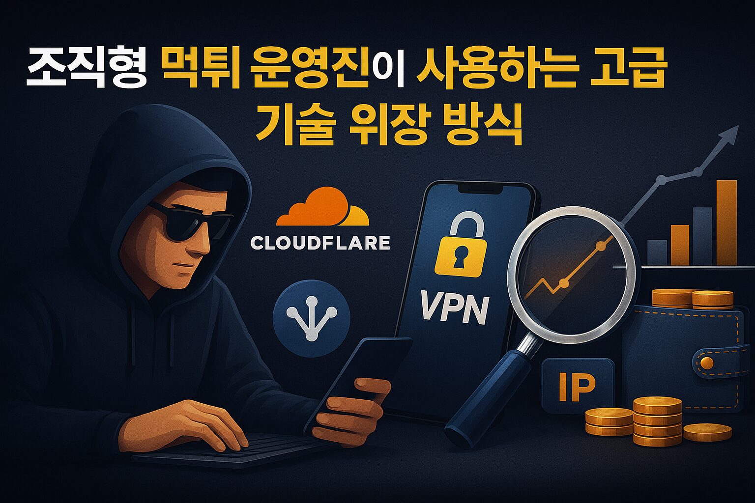 조직형 먹튀 운영진이 Cloudflare, VPN, IP 세탁 등의 기술을 활용해 흔적을 숨기는 위장 방식을 보여주는 이미지