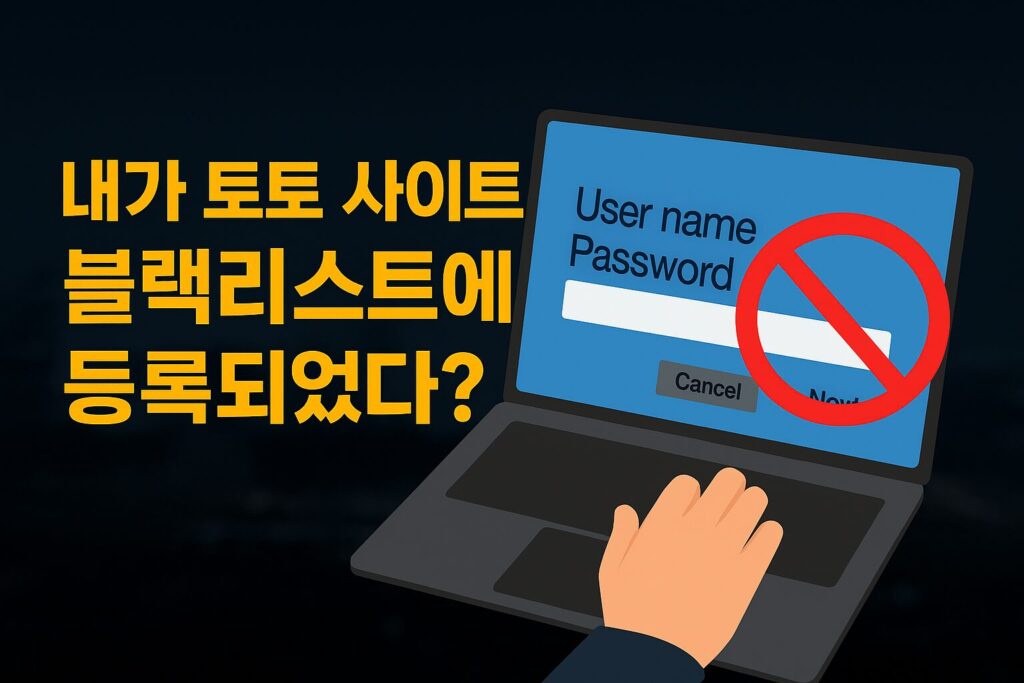 토토사이트 블랙리스트 경고 이미지 — 어두운 배경에 붉은 경고 표시와 주의 문구가 있는 먹튀라벨 스타일 대표 그래픽