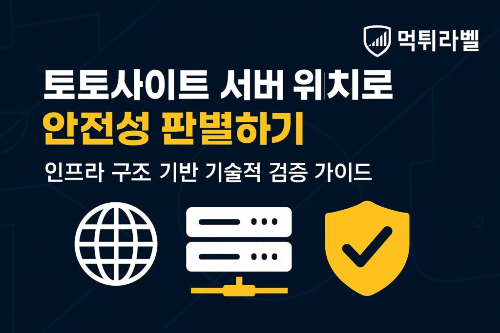 토토사이트 서버 위치로 안전성을 판별하는 기술적 가이드 대표이미지. 글로벌 서버 아이콘과 보안 아이콘, 먹튀라벨 로고가 포함된 배너.