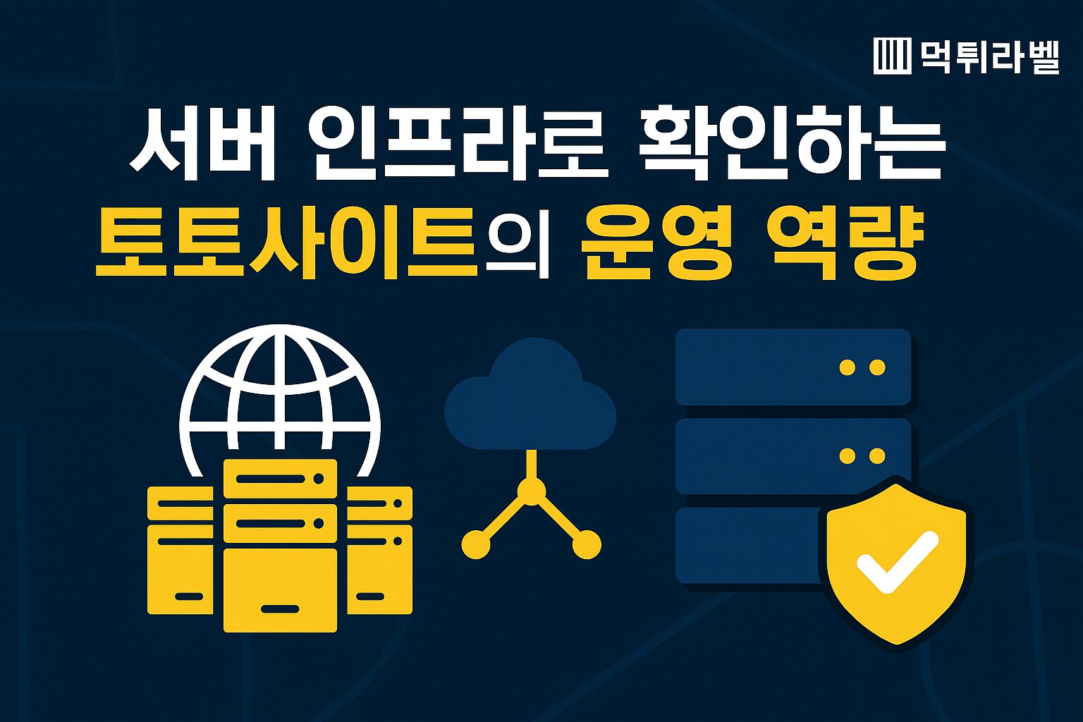 서버 인프라로 토토사이트 운영 역량을 확인하는 개념을 나타낸 이미지로, 글로벌 서버 아이콘과 보안·클라우드 인프라 그래픽, 바코드 형태의 먹튀라벨 로고가 포함된 배너.