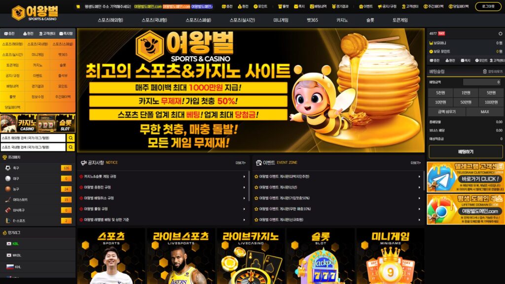 먹튀이력이 없는 메이저 토토사이트 여왕벌 메인 페이지 화면 구성 예시